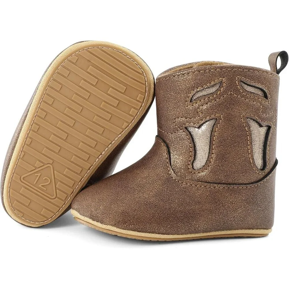 Infant Toddler Glitter Brown Faux Leather Western Rubber Sole Tassel Booties